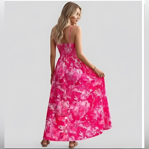 Boho Floral Shirred back Maxi Dress Pink - Picture 3 of 9